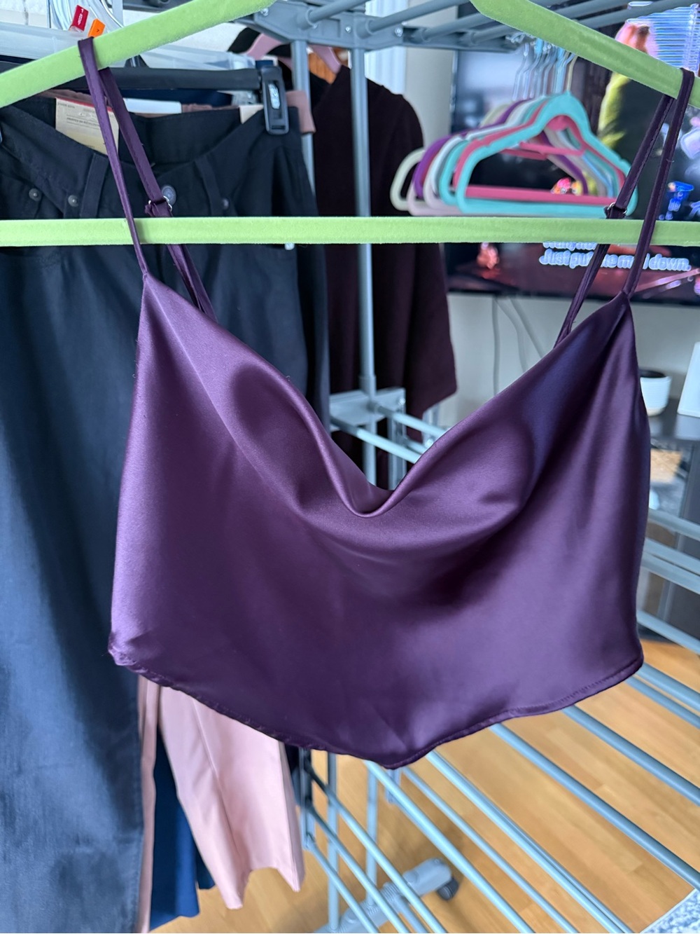 Forever 21 Plum Satin Cowl Neck Spaghetti Strap Crop Top
